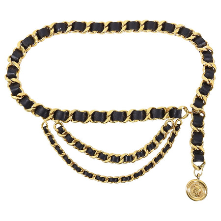Chanel 95A Vintage Gold and Black Leather Chain Coin Belt 
