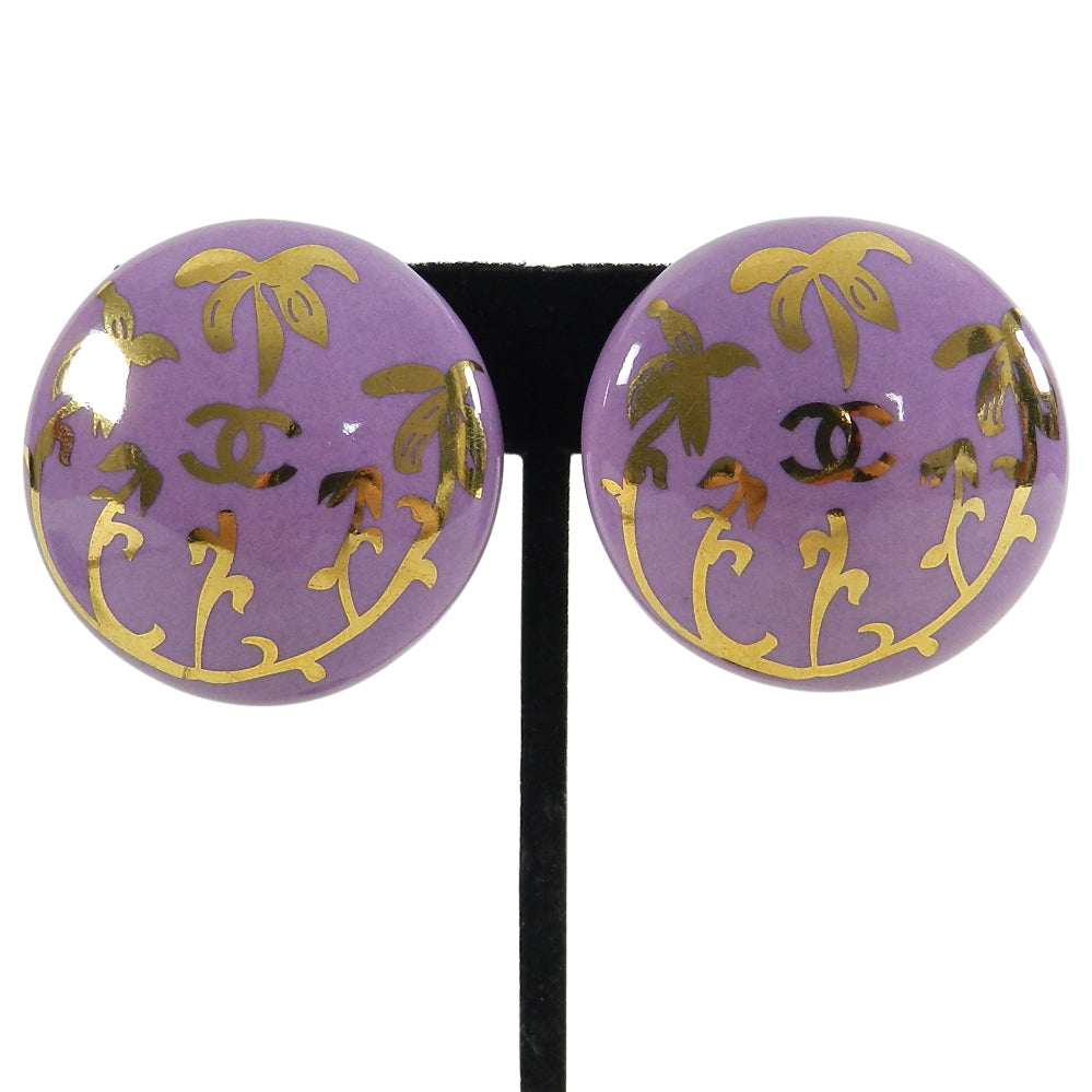 Chanel Vintage 1997 Purple Ceramic Palm Tree Button Earrings