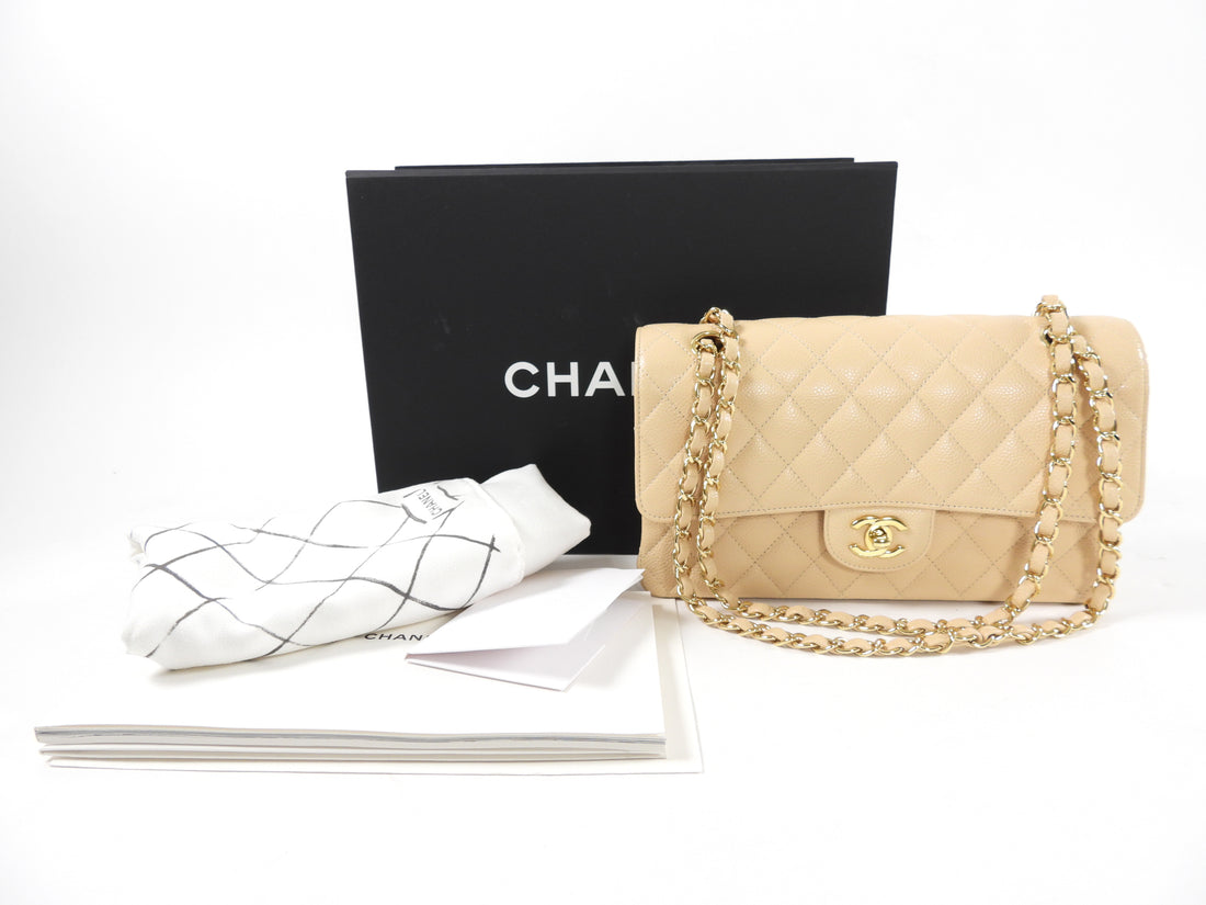 Chanel Beige Medium Caviar Classic Double Flap Bag GHW