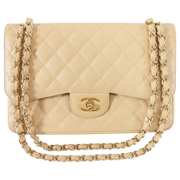 Chanel Beige Caviar Leather Classic Jumbo Double Flap GHW – On Que