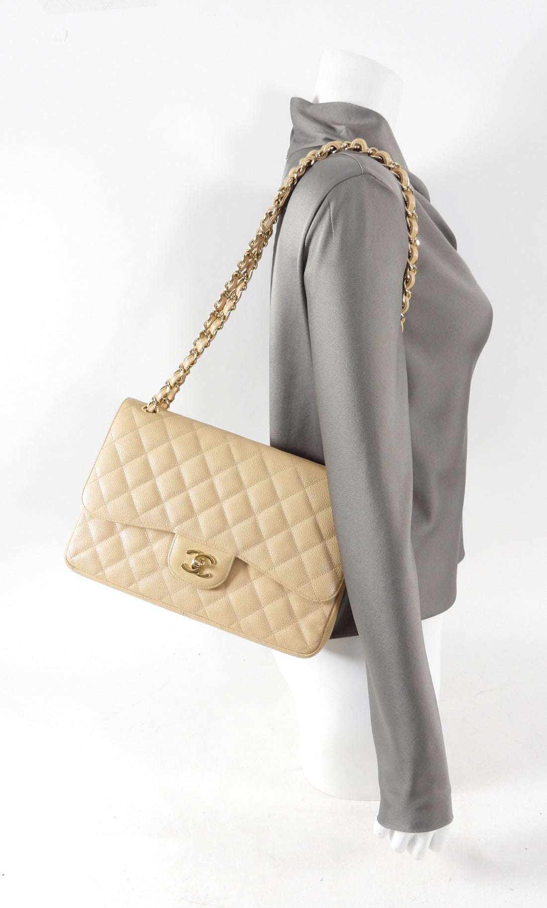 Chanel Beige Caviar Jumbo Classic Double Flap GHW Bag