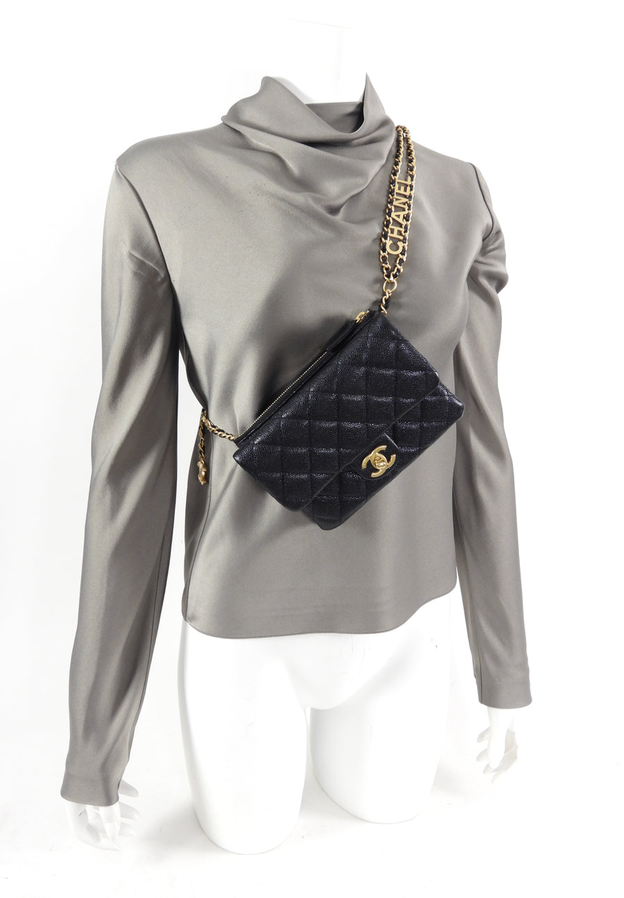 Chanel 22S Black Caviar Gold Logo Chain Belt Bag – I Miss You Vintage