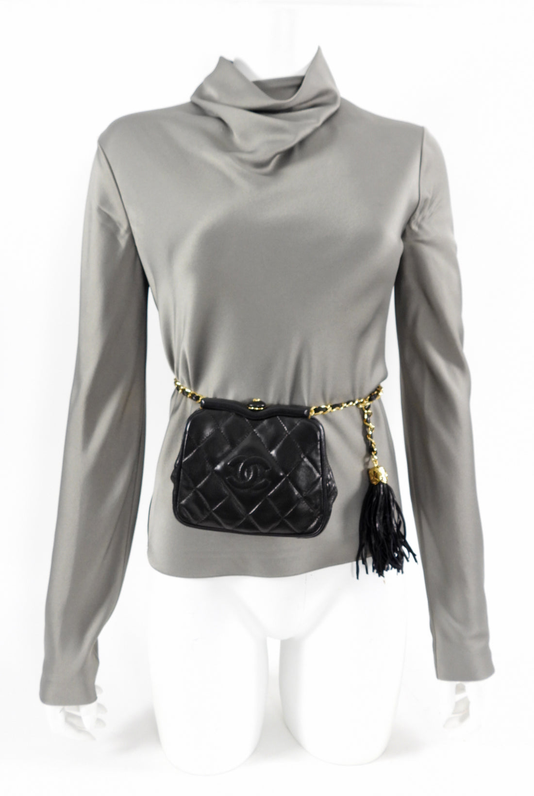 Chanel Vintage 1989 Black Lambskin Quilted Chain Belt Bag