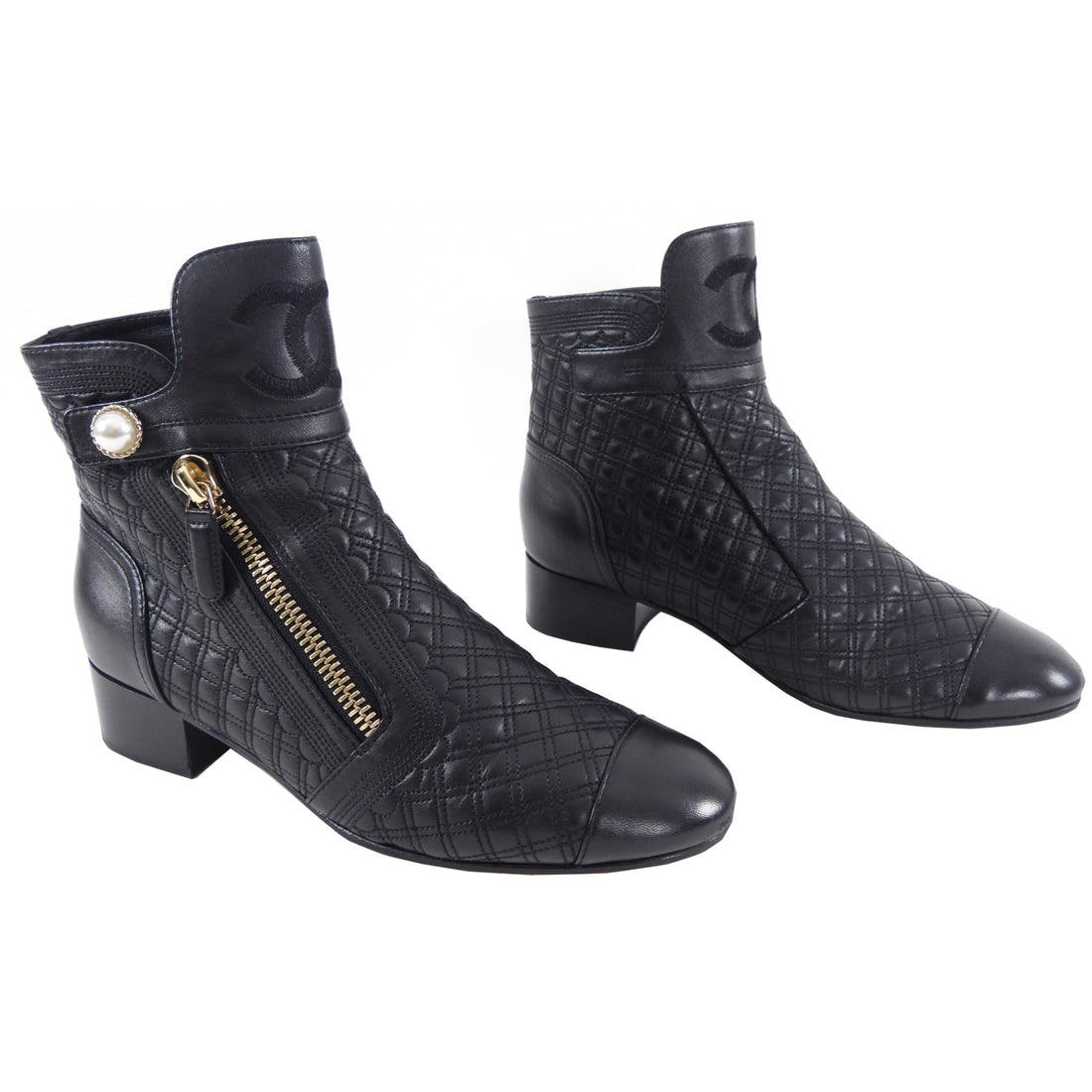 Chanel Black Quilted Ankle Boots with Goldtone Detail - USA 9