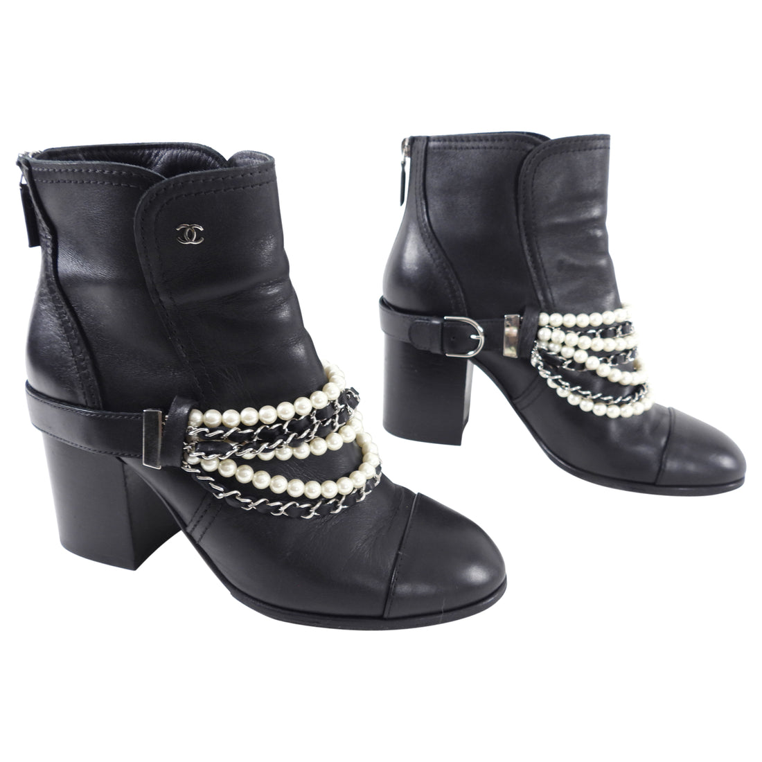 Chanel Black Leather Ankle Boots with Pearl Chain Detail - 41 / 40 – I MISS  YOU VINTAGE