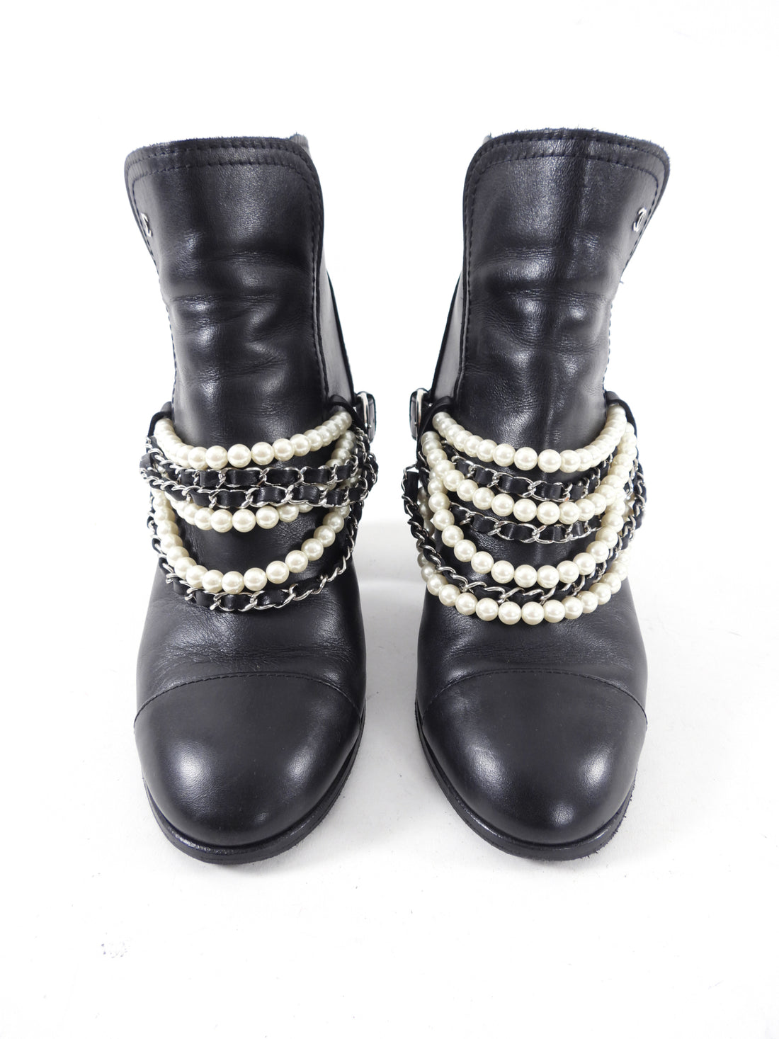 Chanel Black Leather Pearl Crystal Embellished CC Logo Ankle Boots Size 39