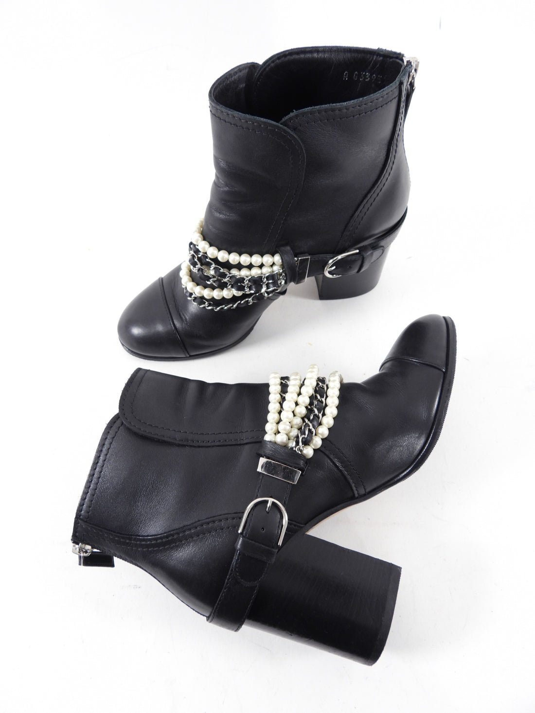 Chanel Black Leather Ankle Boots with Pearl Chain Detail  41  40  I MISS  YOU VINTAGE