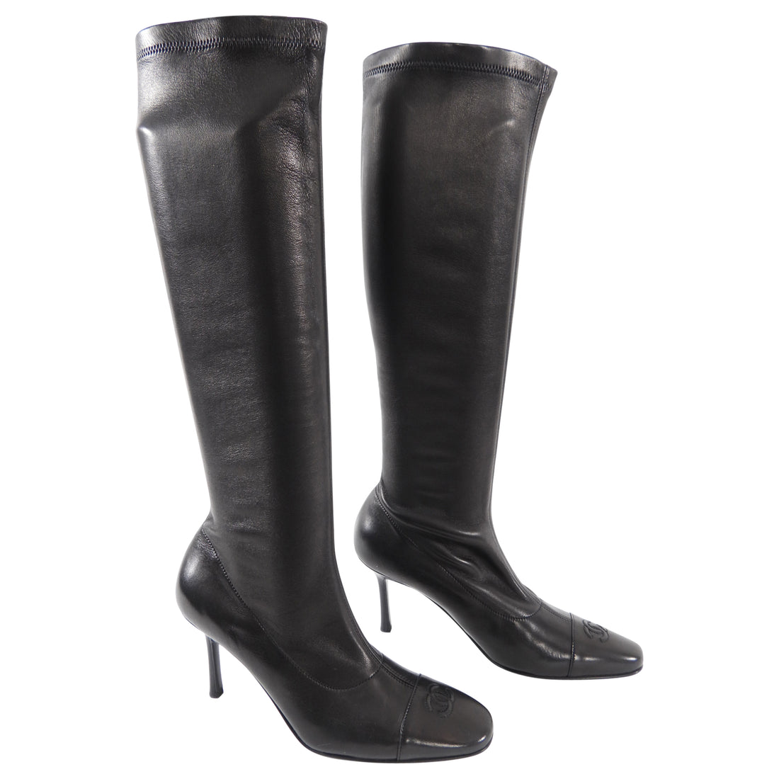 Chanel 05A Black Stretch Lambskin Leather Tall Boots - 37