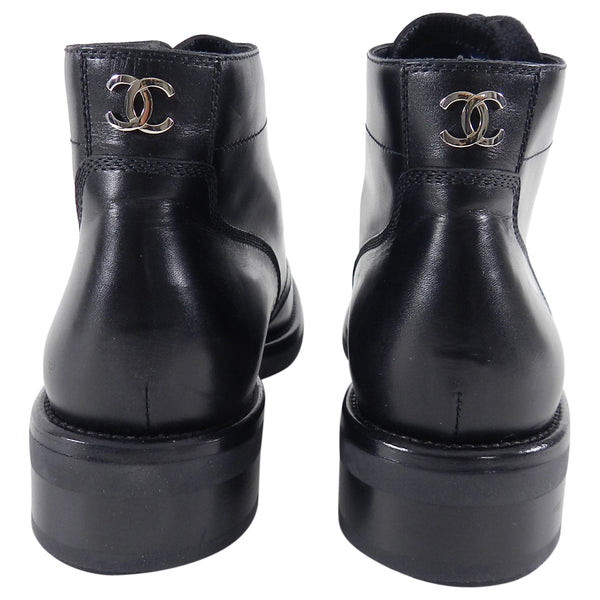 CHANEL Black Pearly Calfskin 21K Lace Up Combat Boots 41