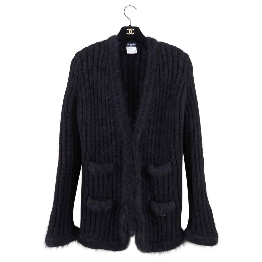 Chanel 02A Black Angora Ribbed Cardigan Sweater - FR42 / USA L