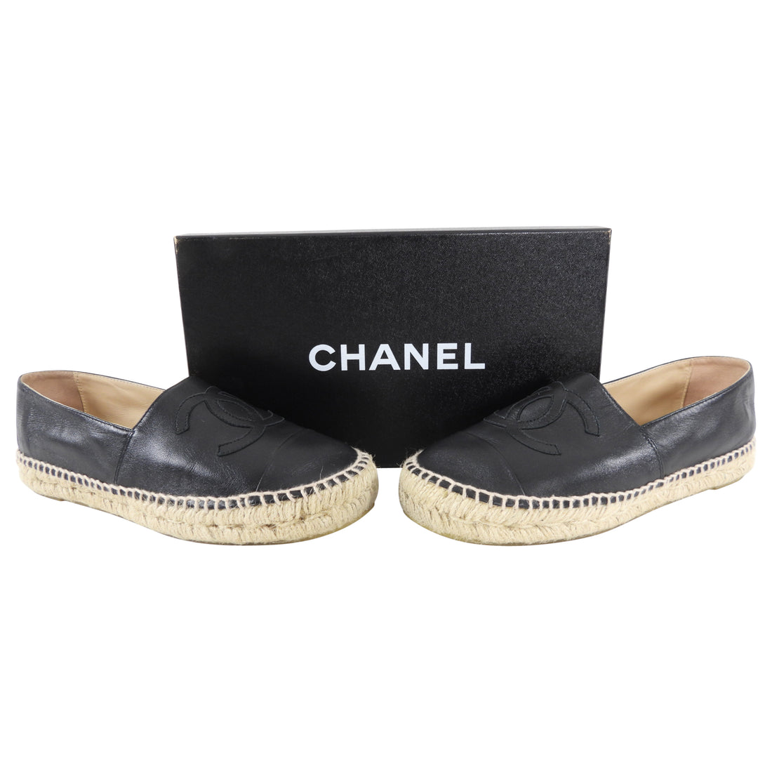 Chanel Black Leather CC Logo Flat Espadrille Shoes - 37.5