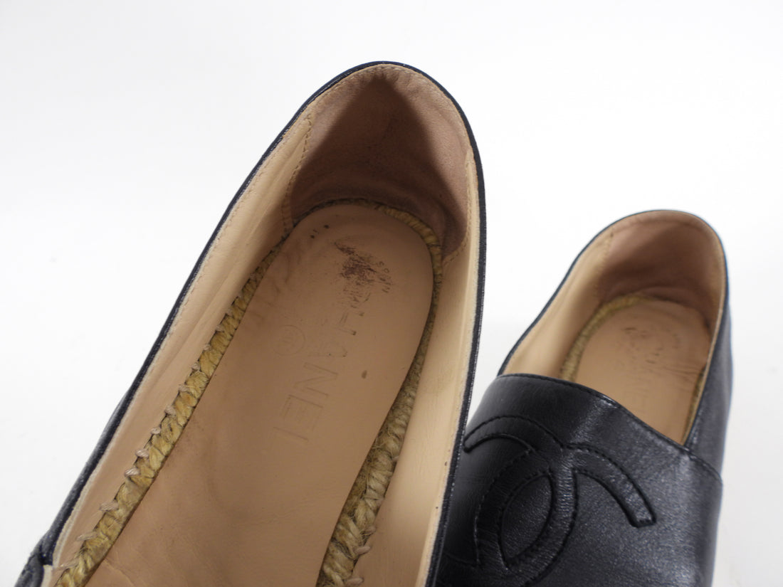 Chanel Black Leather CC Logo Flat Espadrille Shoes - 37.5