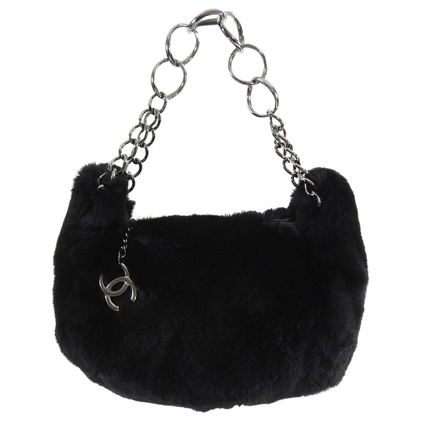 Chanel Black Fur Small Pochette Bag with CC Charm