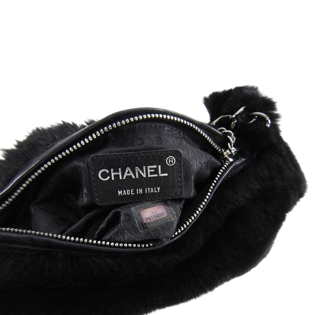 Chanel Black Fur Small Pochette Bag with CC Charm