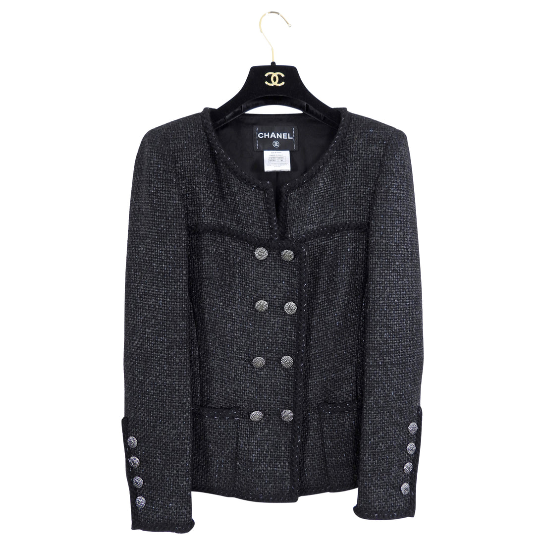Chanel Classic Black Tweed Jacket with Ruthenium Buttons - FR38 (S