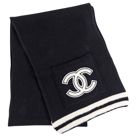 Chanel Black and Ivory Cashmere Long CC Scarf with Pocket