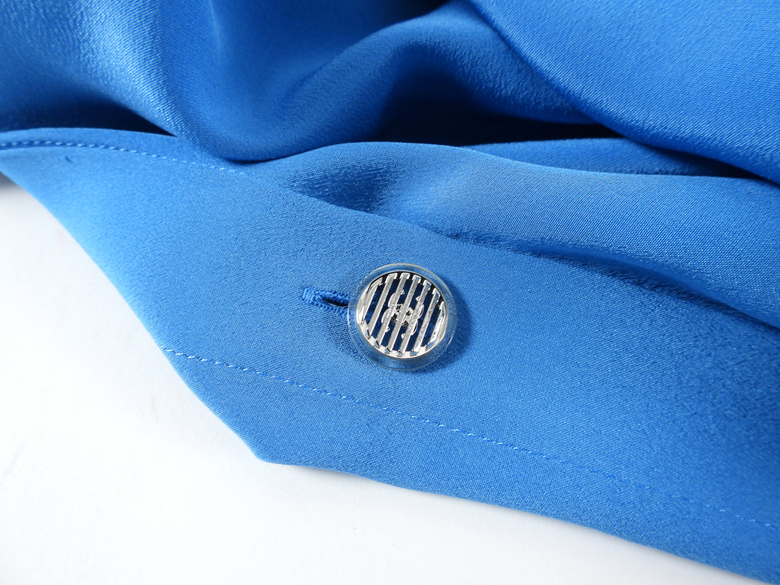 Chanel 17P Turquoise Blue Silk Ruffle Cold Shoulder Blouse - FR38 / USA 6