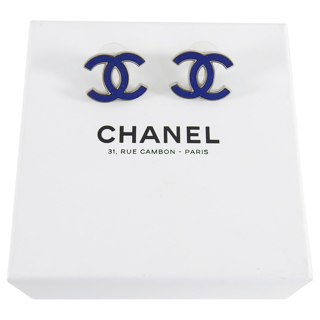 Chanel 13P Blue Enamel CC Logo Silvertone Earrings