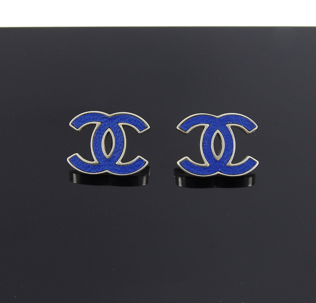Chanel 13P Blue Enamel CC Logo Silvertone Earrings