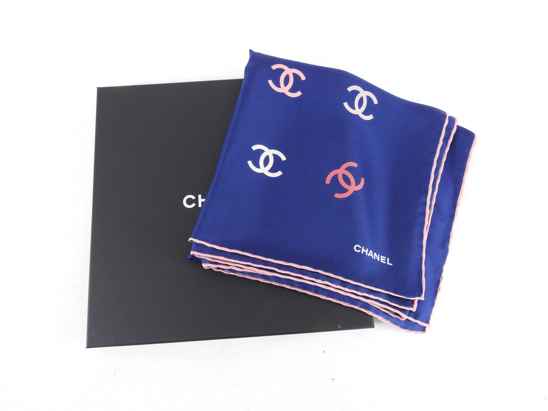 Chanel Navy Blue Silk CC Logo 90cm Scarf