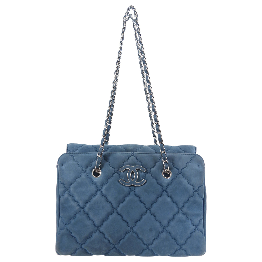 Chanel Teal Blue Suede Quilted CC Logo Chain Shoulder Bag