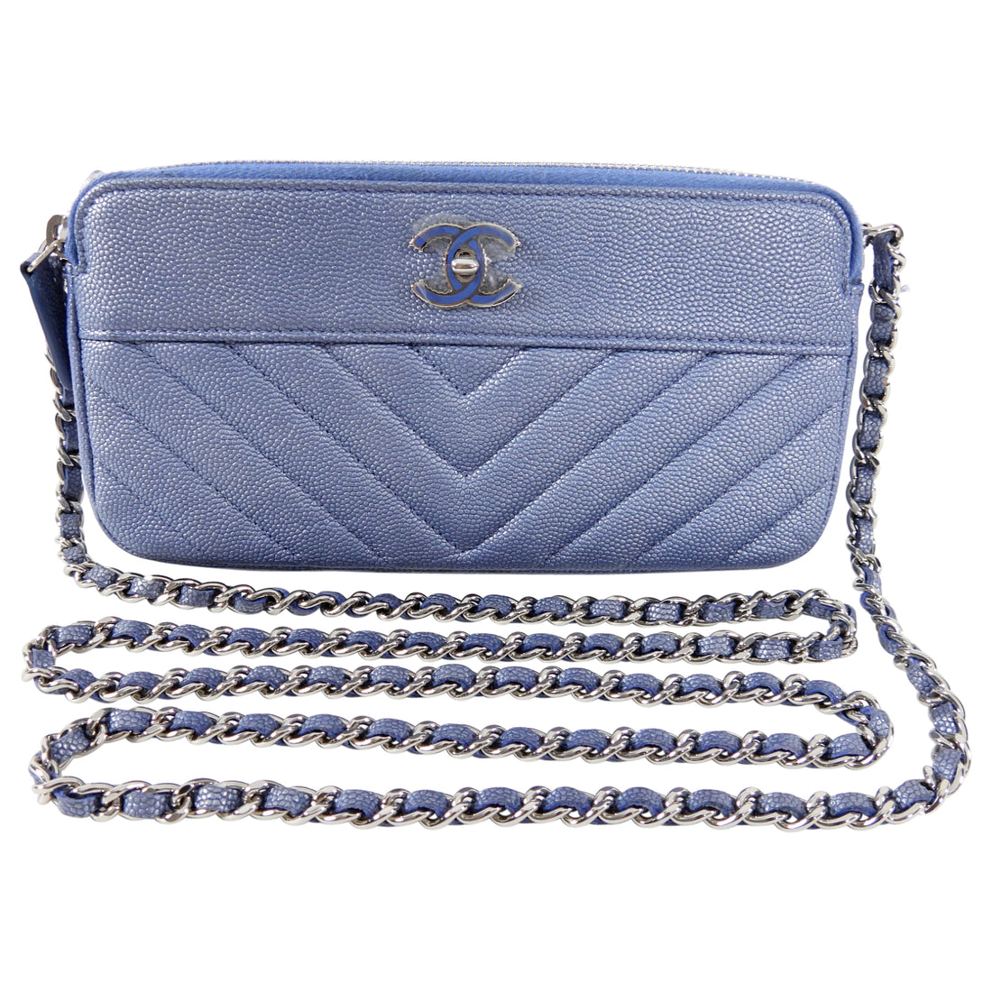 Chanel Caviar Chevron Classic Double Zip Blue WOC Wallet on Chain