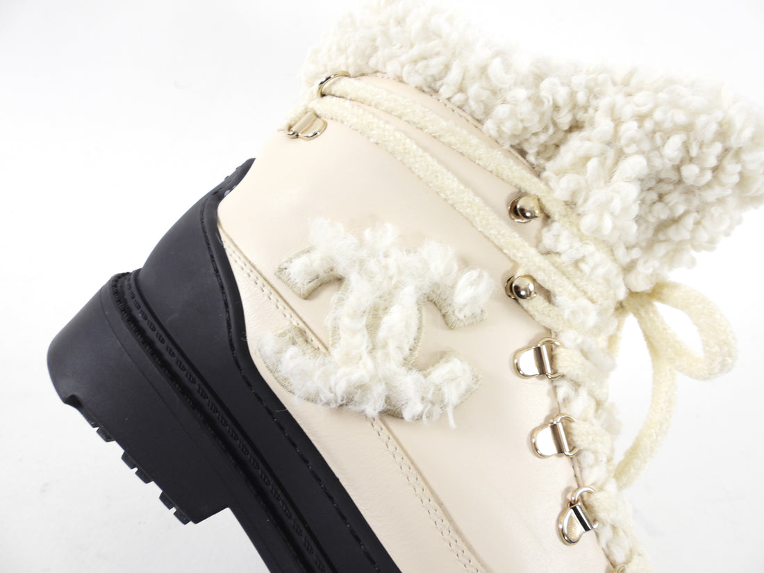 Chanel 2021 Ivory Two Tone CC Shearling Mountain Ankle Boot - 36.5