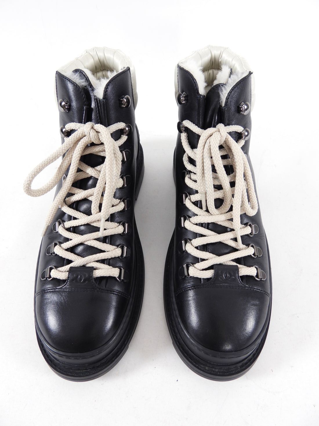 Chanel Black White Logo Lace Up Fall Winter Combat ankle Boots EU 36.5 –  HelensChanel