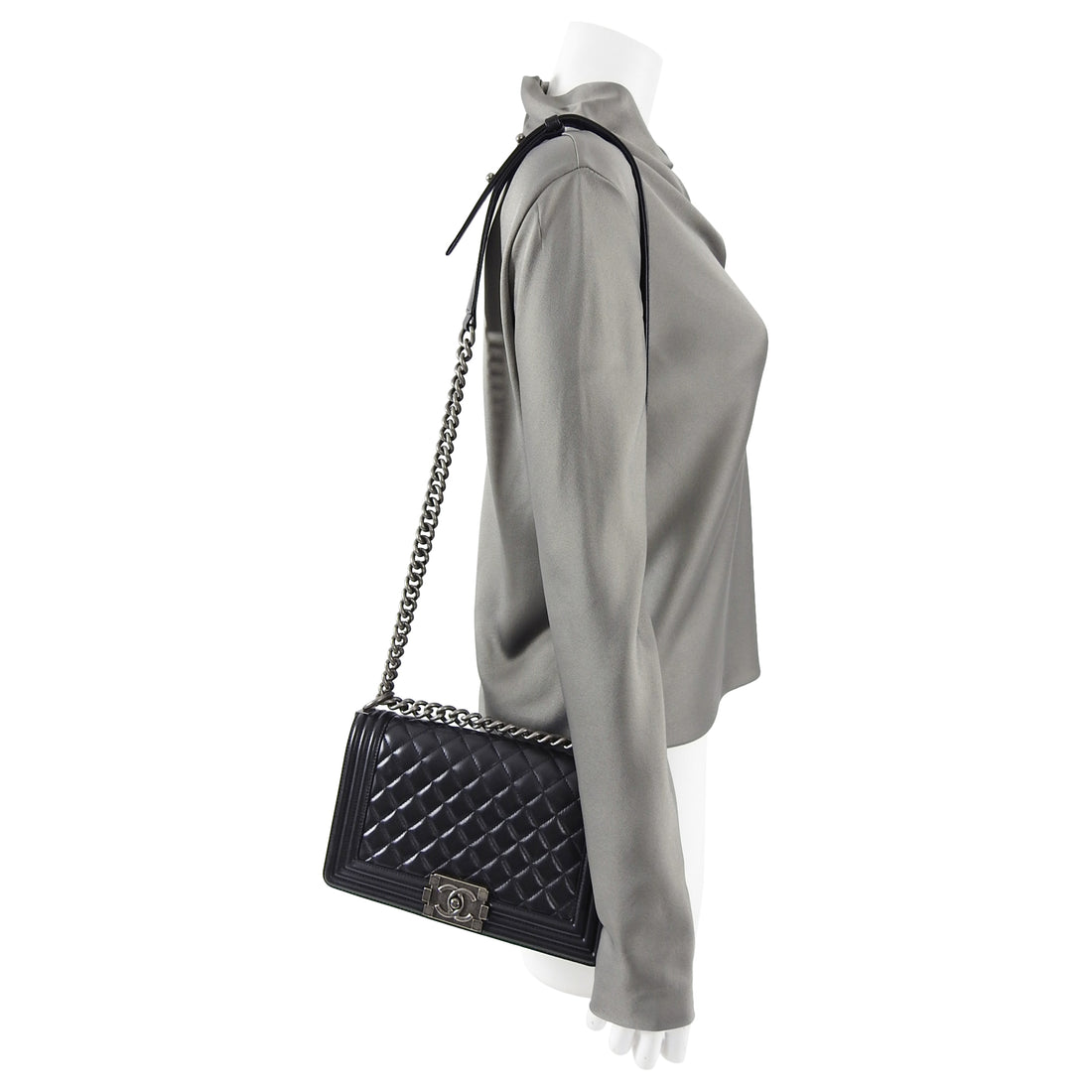 Chanel Boy Ruthenium Finish Medium Black Quilted Leather Bag