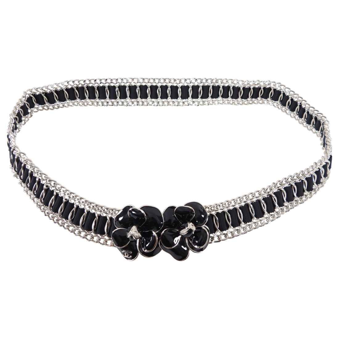 Chanel 06P Black Enamel Camelia Silver Belt - 36”