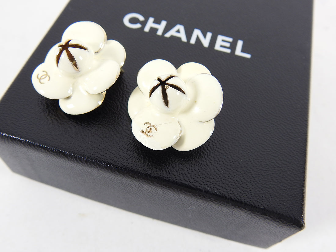 Chanel Vintage 02P Ivory Enamel Camelia Clip on Earrings