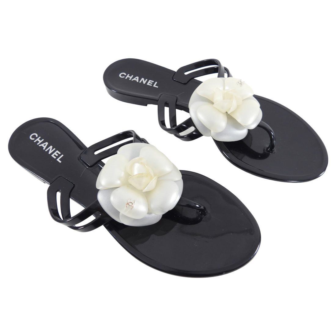 Chanel Black and White Camelia Jelly Flip Flops - 39 (USA 8) – I