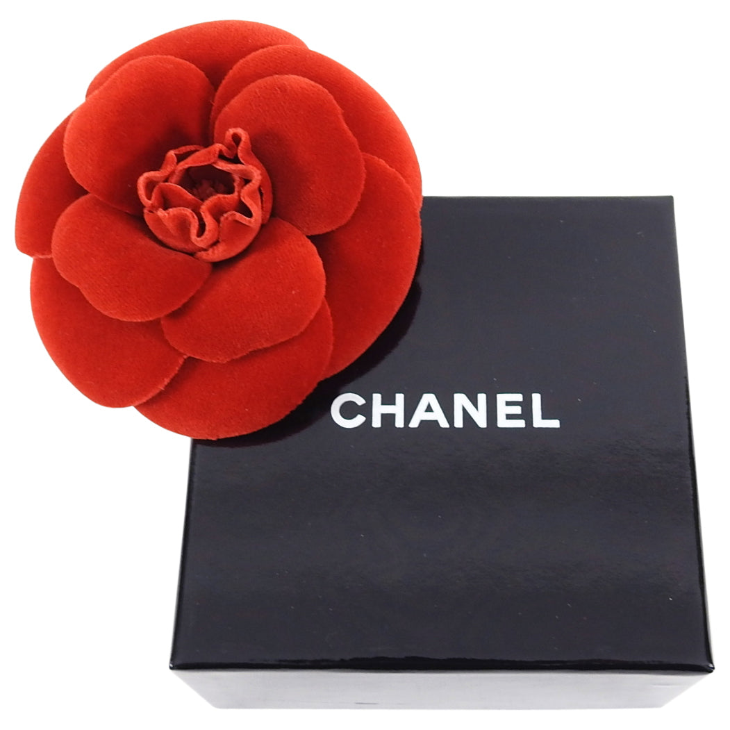 Chanel Vintage 1980’s Camelia Flower Brooch Pin Red Velvet