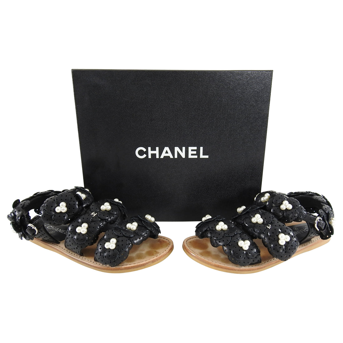 Chanel Black Camelia Flower CC Flat Sandal with Pearls - 37