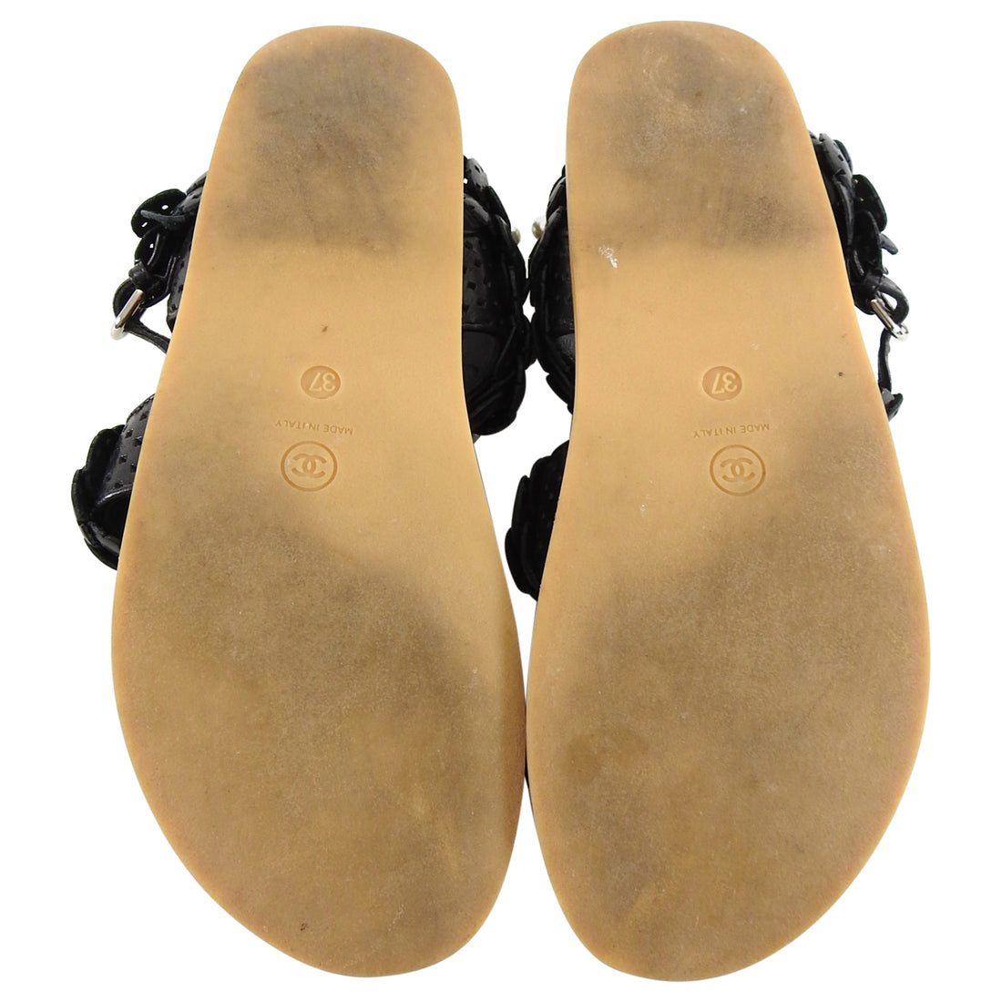Chanel Black Camelia Flower CC Flat Sandal with Pearls - 37