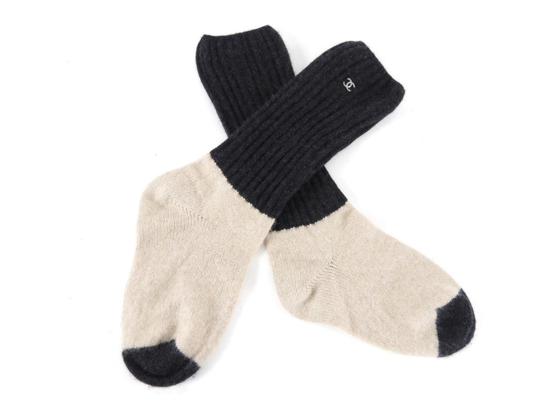 Chanel Beige and Grey Cashmere Scarf, Gloves, Socks Set