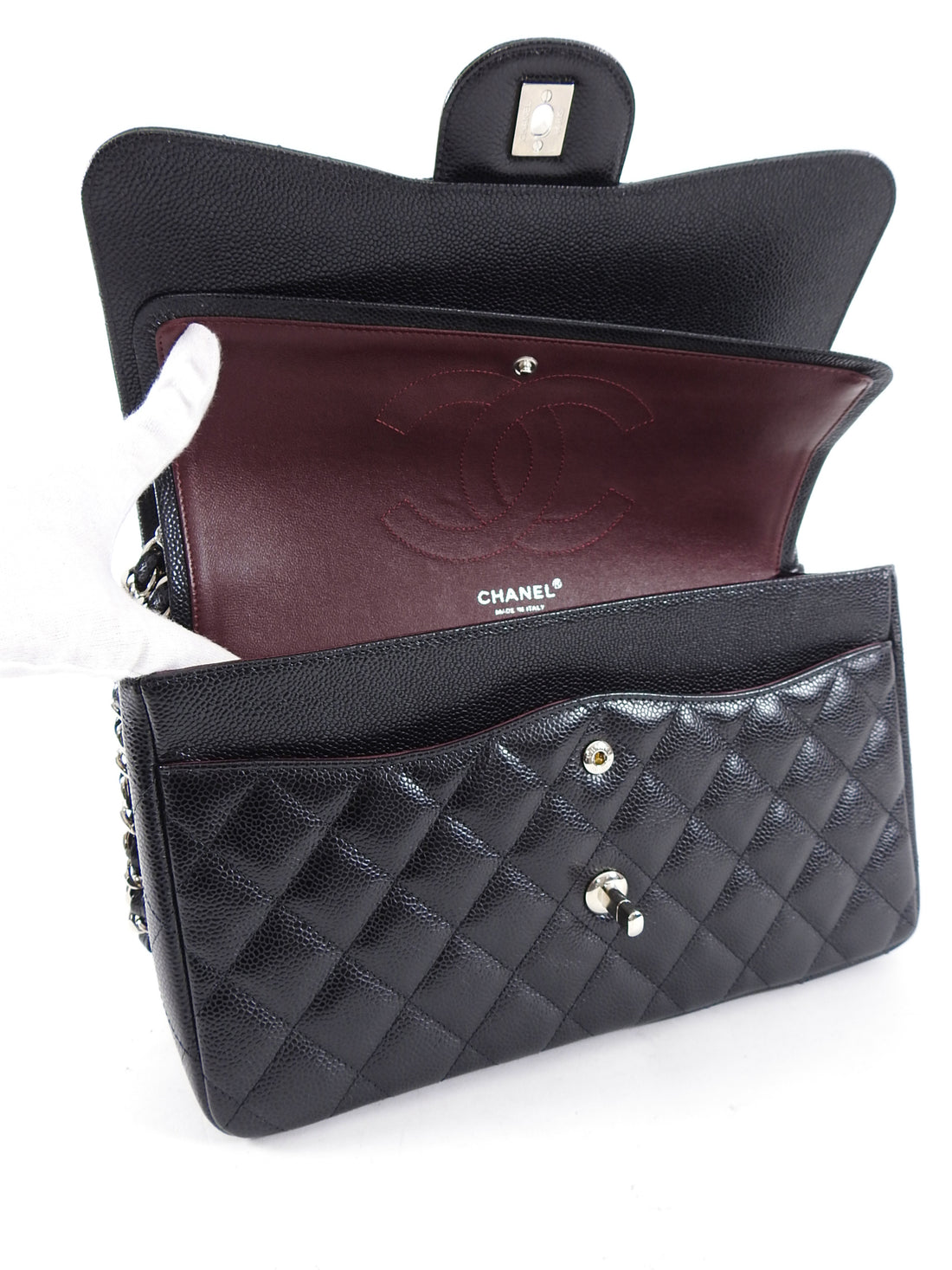 Chanel black caviar jumbo double outlet flap silver hardware