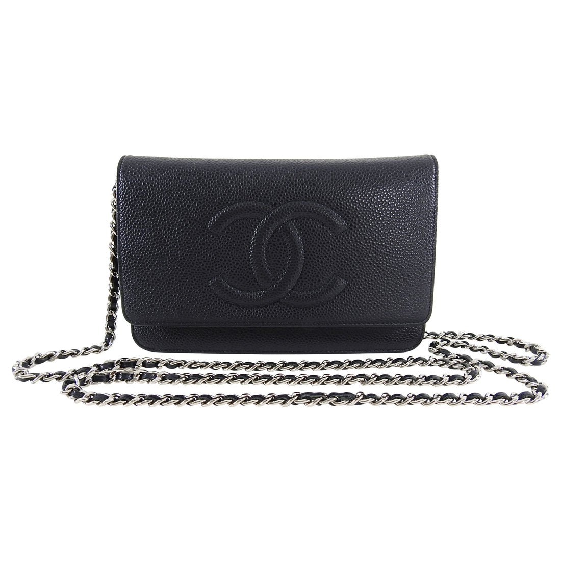 Chanel Caviar Black Leather CC Logo Wallet on Chain Silver