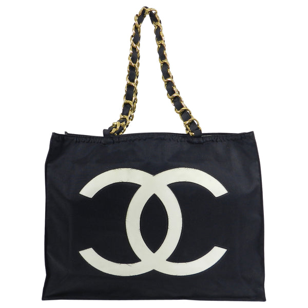Chanel Vintage 1991 Black Nylon CC Logo Tote Bag with Gold