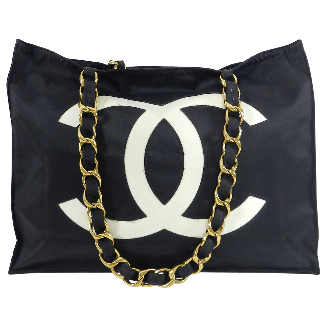 Chanel Vintage 1991 Black Nylon CC Logo Tote Bag with Gold Chain Straps