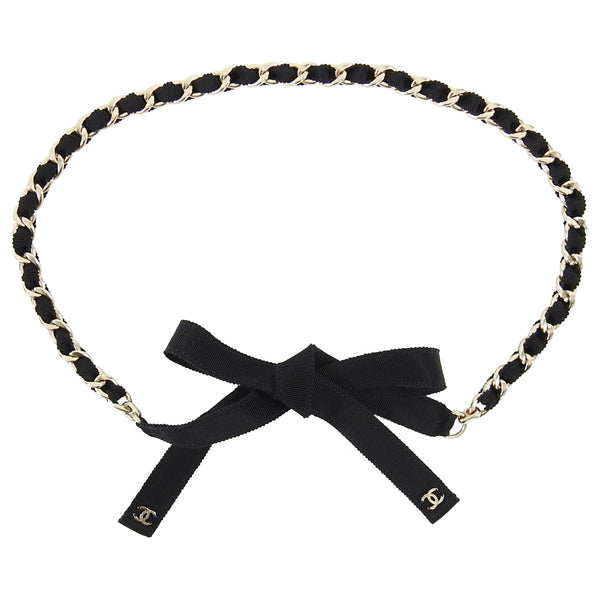 CHANEL, GROSGRAIN RIBBON AND SILVER TONE METAL CHAIN BELT. TIE CLOSURE  WITH CC APPLIQUE, EXCLUSIVE EDITION DECEMBER 2019, Handbags and  Accessories, 2020