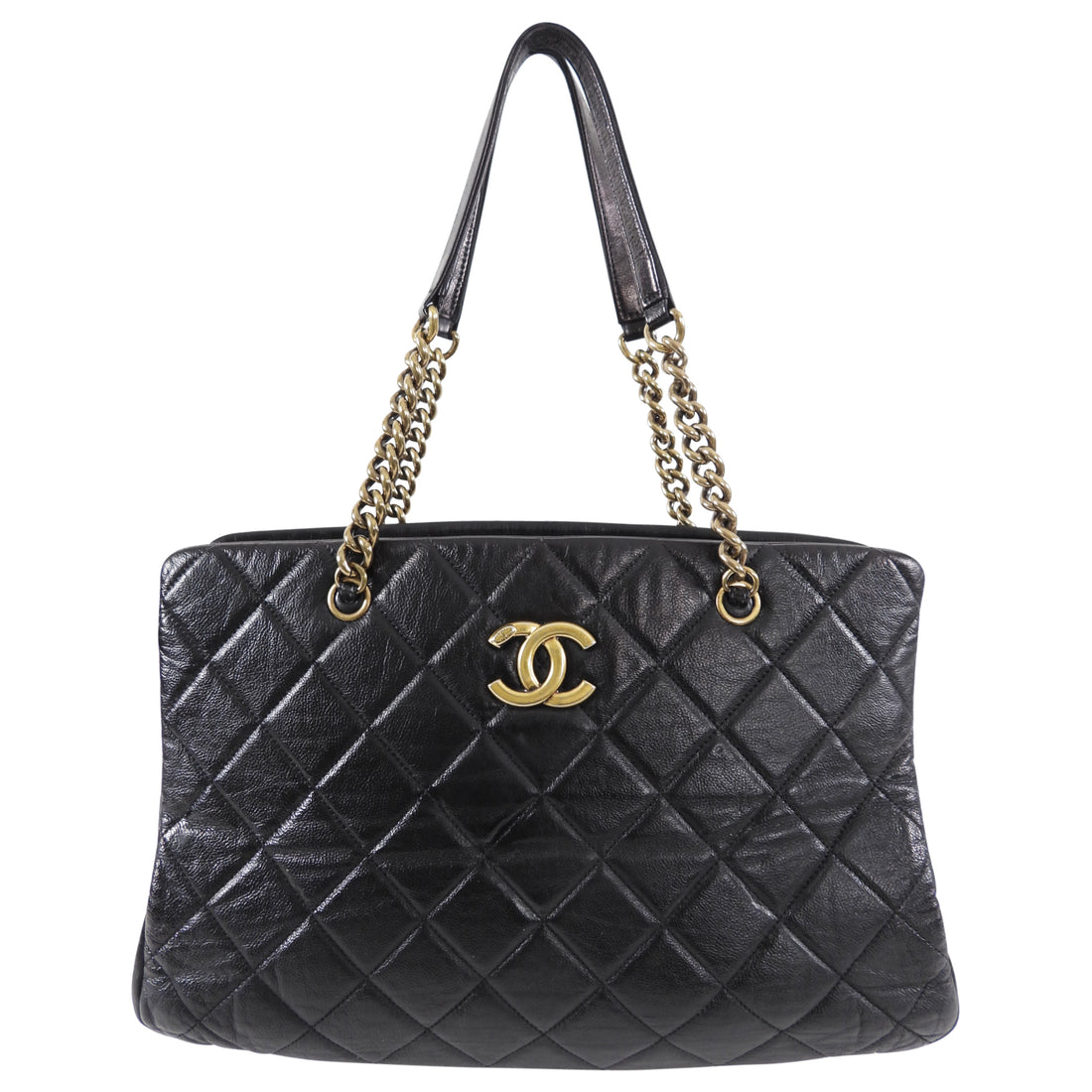 Chanel Black Leather Quilted Chain Tote Bag