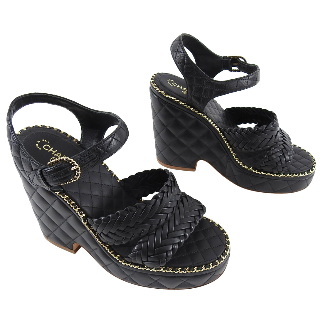 Chanel Black Quilt Wedge Sandal with Gold Chain CC Detail - 37.5 / 7