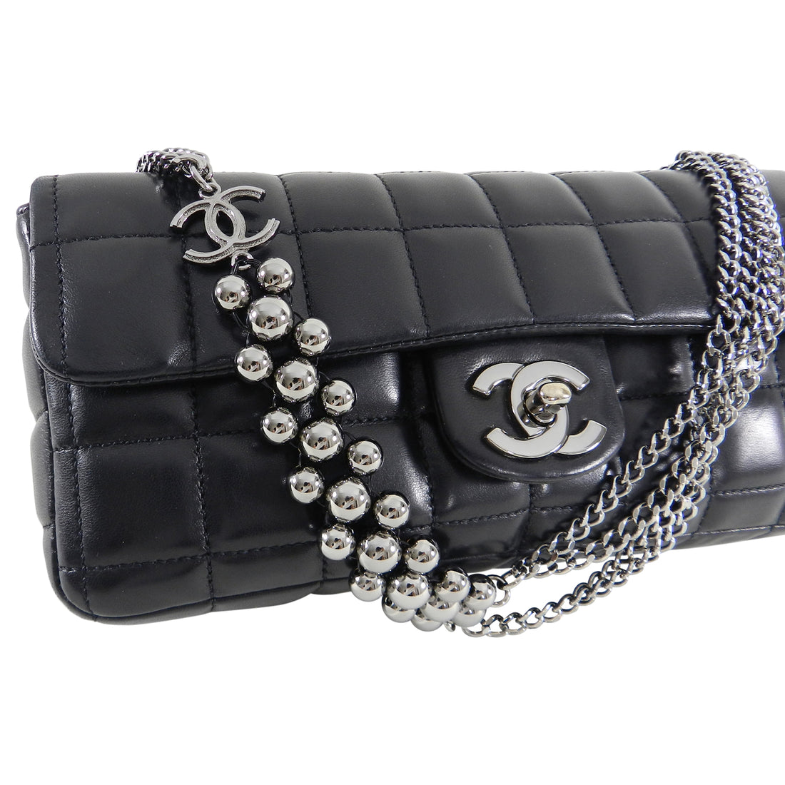 Chanel Chocolate Bar Black Leather Flap Bag with Silver Bead Chain