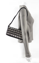 Chanel 2003 Choco Bar Silver Metal Stud and Black Wool Shoulder Bag