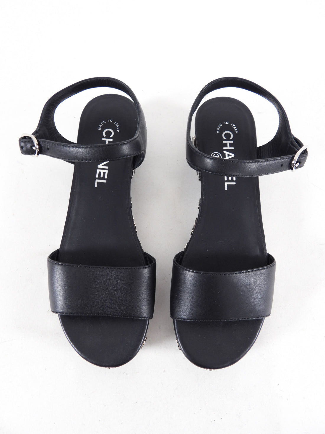 Chanel Black Leather and Wood Clogs with Silver Camelia - 36.5 / 6.5