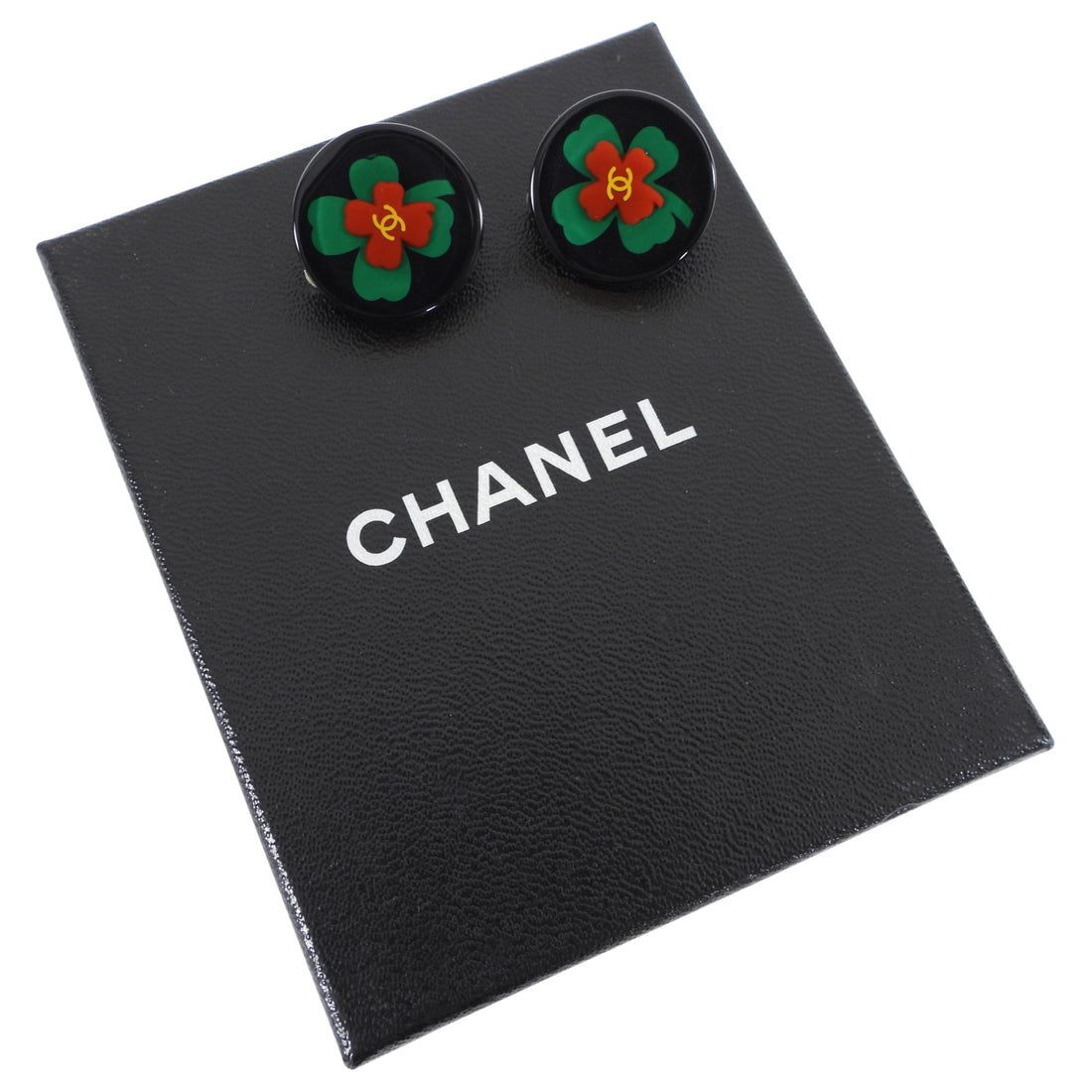 Chanel Vintage 04P Clover Resin Round Clip on Earrings