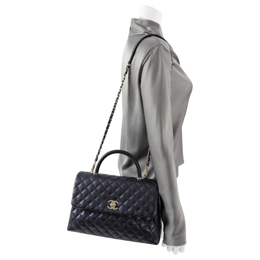 Chanel Grey Quilted Caviar Leather Large Coco Handle Bag - Yoogi's Closet