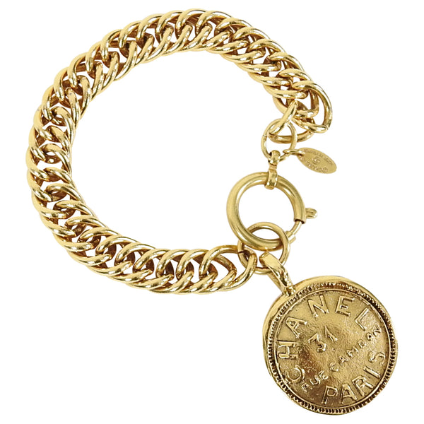 Chanel Vintage Gold Medallion Coin CC Charms Chain Link Dangle Cuff Bracelet