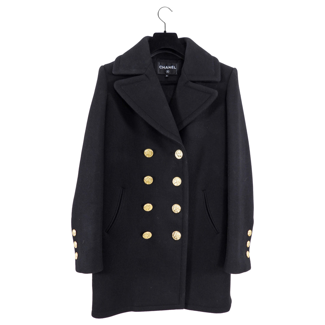Chanel 16A Black Cashmere Coat with Gold Roman Coin Buttons - FR36 / 38